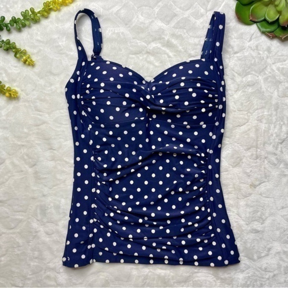 Bond-Eye Australia Polka Dot Sweetheart Top Ruched Tankini Top In Navy and White